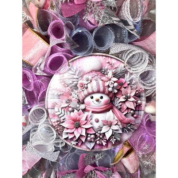 Handmade Pink Winter Snowman Holiday Ribbon Door Wreath 22 ins W80 - Picture 4 of 11